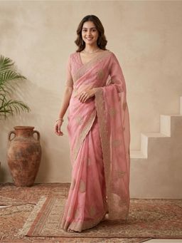 Koskii - Onion Pink Stonework Tissue Saree With Unstitched Blouse