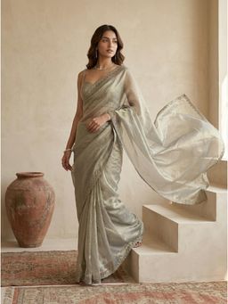 Koskii - Pista Green Stonework Tissue Saree With Unstitched Blouse