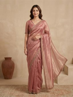 Koskii - Pink Stonework Tissue Saree With Unstitched Blouse