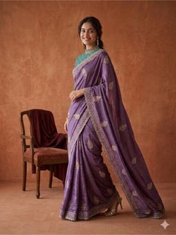 Koskii - Lavender Zariwork Soft Raw Silk Saree With Unstitched Blouse