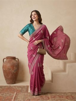 Koskii - Pink Zariwork Soft Raw Silk Saree With Unstitched Blouse