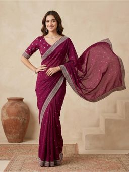 Koskii - Wine Stonework Soft Raw Silk Saree With Unstitched Blouse