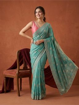 Koskii - Turquoise Zariwork Soft Raw Silk Saree With Unstitched Blouse