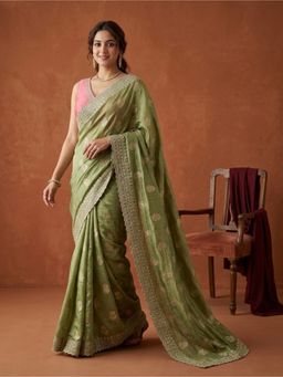 Koskii - Pista Green Zariwork Soft Raw Silk Saree With Unstitched Blouse