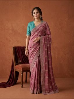 Koskii - Onion Pink Zariwork Soft Raw Silk Saree With Unstitched Blouse