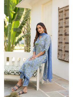 Rain & Rainbow - Printed Regular Pure Cotton Blue Kurta With Pant & Dupatta
