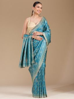 Koskii - Blue Stonework Silk Saree With Unstitched Blouse