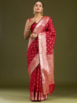 Koskii - Red Zariwork Cotton Silk Saree With Unstitched Blouse