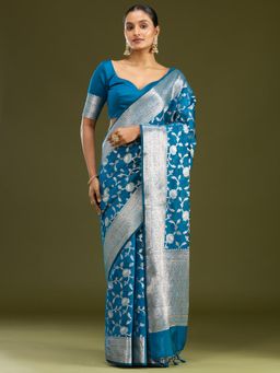 Koskii - Peacock Blue Zariwork Cotton Silk Saree With Unstitched Blouse