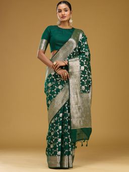 Koskii - Bottle Green Zariwork Cotton Silk Saree With Unstitched Blouse