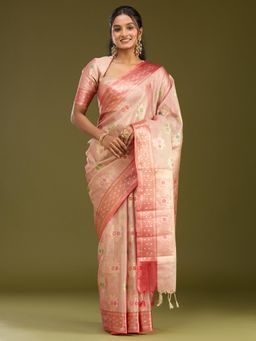 Koskii - Peach Zariwork Tissue Silk Saree With Unstitched Blouse