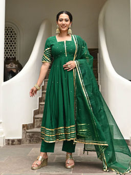 Urbanstree - Padma Green Embellished Anarkali Kurta with Pant and Dupatta (Set of 3)