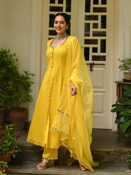 Urbanstree - Ramaa Yellow Embroidered Kurta with Pant and Dupatta (Set of 3)