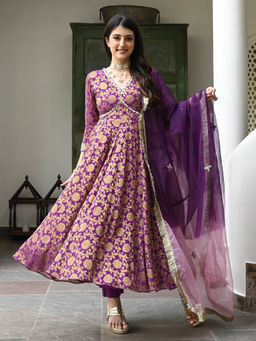 Urbanstree - Raghavi Purple Woven Anarkali Kurta with Pant and Dupatta (Set of 3)