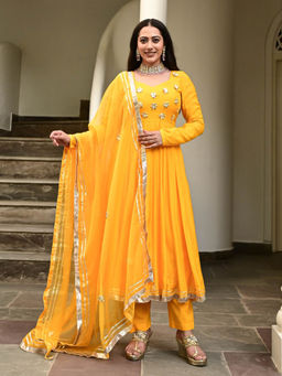 Urbanstree - Jaya Yellow Embellished Anarkali Kurta with Pant and Dupatta (Set of 3)