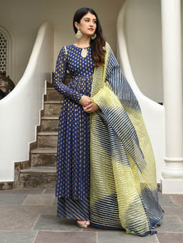 Urbanstree - Shree Navy Blue Woven Anarkali Kurta with Palazzo and Dupatta (Set of 3)