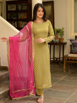 Urbanstree - Anjana Olive Woven Kurta with Pant and Dupatta (Set of 3)