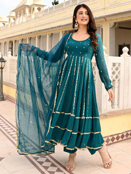 Urbanstree - Damini Teal Embellished Anarkali Kurta with Pant and Dupatta (Set of 3)