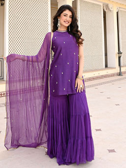 Urbanstree - Heeriye Purple Embellished Kurta with Sharara and Dupatta (Set of 3)