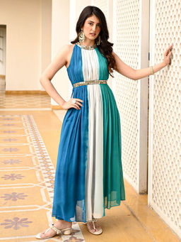 Urbanstree - Rangeela Multi-Color Colorblock Anarkali Kurta with Pant (Set of 2)