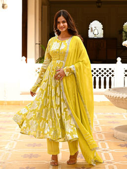 Urbanstree - Zalima Yellow Woven Anarkali Kurta with Pant and Dupatta (Set of 3)