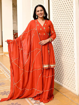 Urbanstree - Noor Red Embroidered Angarkha Kurta with Sharara and Dupatta (Set of 3)