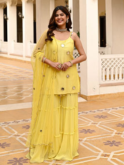 Urbanstree - Akina Yellow Embroidered Kurta with Sharara and Dupatta (Set of 3)