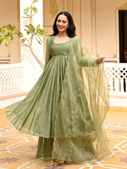 Urbanstree - Raas Olive Embroidered Anarkali Kurta with Palazzo and Dupatta (Set of 3)