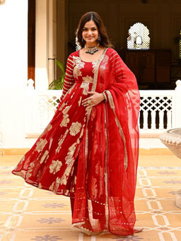 Urbanstree - Laila Red Woven Anarkali Kurta with Pant and Dupatta (Set of 3)