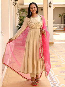 Urbanstree - Rani Beige Embroidered Anarkali Kurta with Pant and Dupatta (Set of 3)