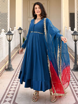 Urbanstree - Mayra Navy Blue Embroidered Anarkali Kurta with Pant and Dupatta (Set of 3)