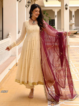 Urbanstree - Parina Cream Embellished Anarkali Kurta with Pant and Dupatta (Set of 3)