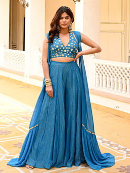 Urbanstree - Rabia Blue Embroidered Crop Top with Palazzo and Shrug (Set of 3)