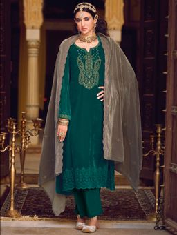 Stylee LIFESTYLE - Teal Velvet Embroidered Dress Material