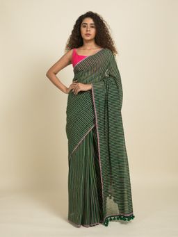 Suta - Yellow and Pink Stripes On Blue-Green Cotton Saree