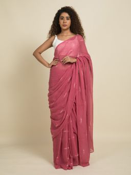 Suta - Pink and White Handcrafted Shibori Cotton Saree