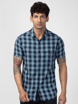 Spykar - Men Navy Blue Cotton Slim Fit Checkered Shirt