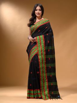 Arhi - Black Cotton Handspun Soft Nakshi Border Saree with Unstitched Blouse