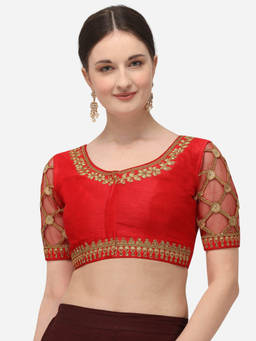 Amrutam Fab - Womens Embroidered Red Phantom Silk Stiched Blouse With Round Neck