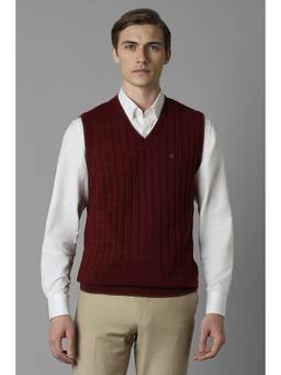 Louis Philippe - Men Maroon Textured V Neck Sleeveless Sweater