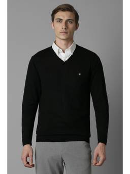 Louis Philippe - Men Black Solid V Neck Full Sleeves Sweater