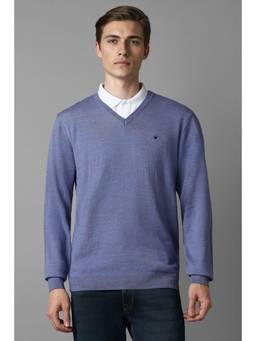 Louis Philippe - Men Blue Textured V Neck Full Sleeves Sweater