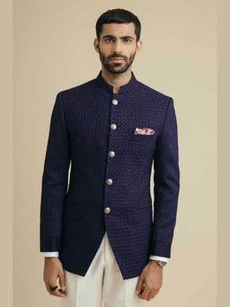 Philocaly - Adalar Indigo Embroidered Mandarin Neck Bandh Gala