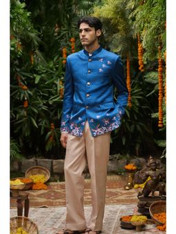 Philocaly - Bagh Set Slim Embroidered Blue Bandh Gala and Pant