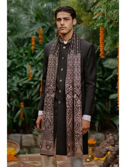 Philocaly - Nightshade Set Slim Plain Black Achkan and Dupatta