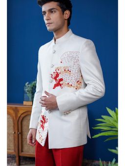 Philocaly - Phoenix Off White Embroidered Mandarin Neck Bandh Gala