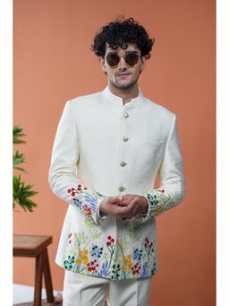 Philocaly - Malhaar Off White Embroidered Mandarin Neck Bandh Gala