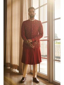 Philocaly - Baroque Slim Embroidered Red Bandh Gala and Kurta
