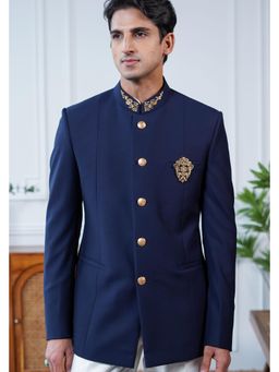 Philocaly - Indranil Slim Embroidered Navy Blue Bandhgala