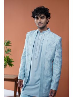 Philocaly - Neeraj Set Slim Printed Blue Bandhgala and Kurta